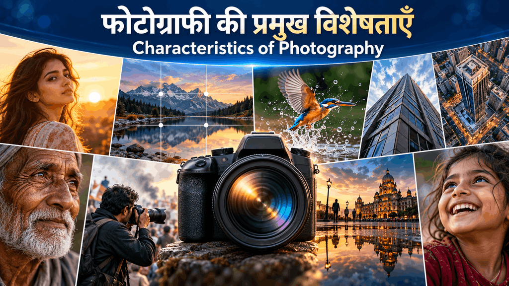 फोटोग्राफी की प्रमुख विशेषताएँ दर्शाता चित्र—कैमरा, प्रकाश, चित्र-संयोजन, सही क्षण, अलग-अलग दृष्टिकोण, मानवीय भावनाएँ और समाचार फोटोग्राफी।
